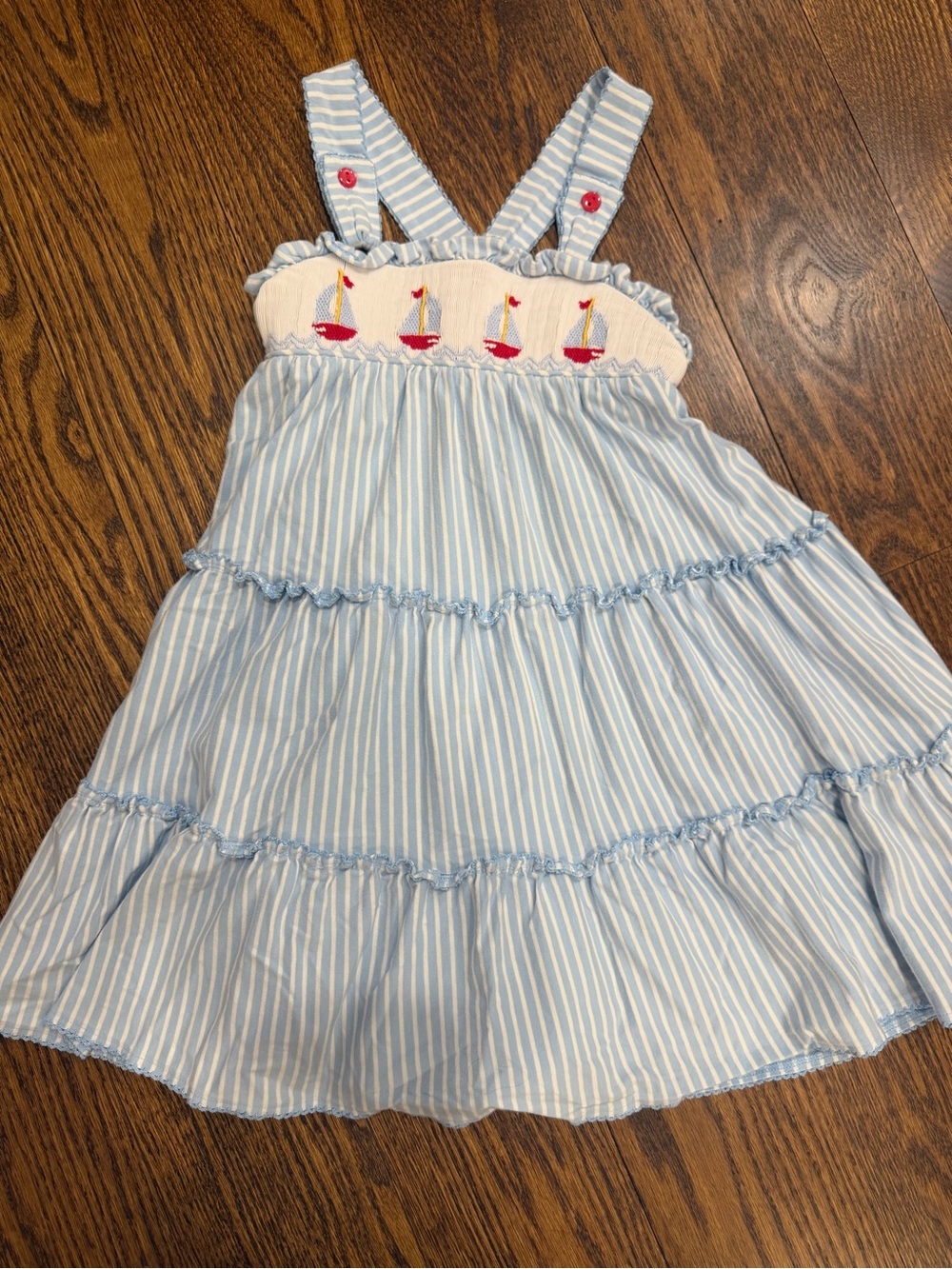 Light Blue Striped Girls' Sundress with Sailboat Embroidery